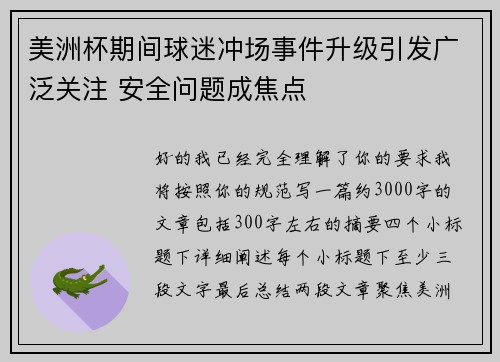 美洲杯期间球迷冲场事件升级引发广泛关注 安全问题成焦点